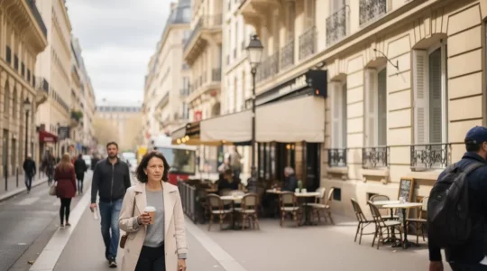 Boulevard haussmannien dans le 8ème arrondissement de Paris avec passants et terrasse de café