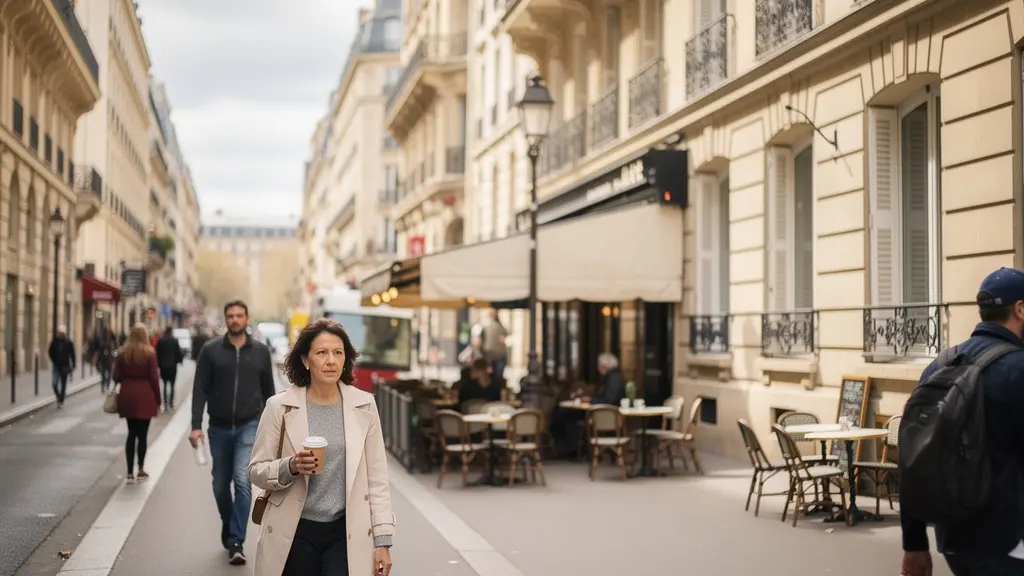 Boulevard haussmannien dans le 8ème arrondissement de Paris avec passants et terrasse de café