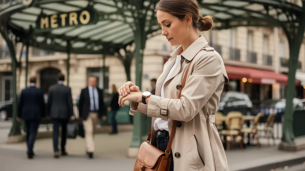 Voyageuse près d'une entrée de métro Art Nouveau à Paris dans le quartier Opéra