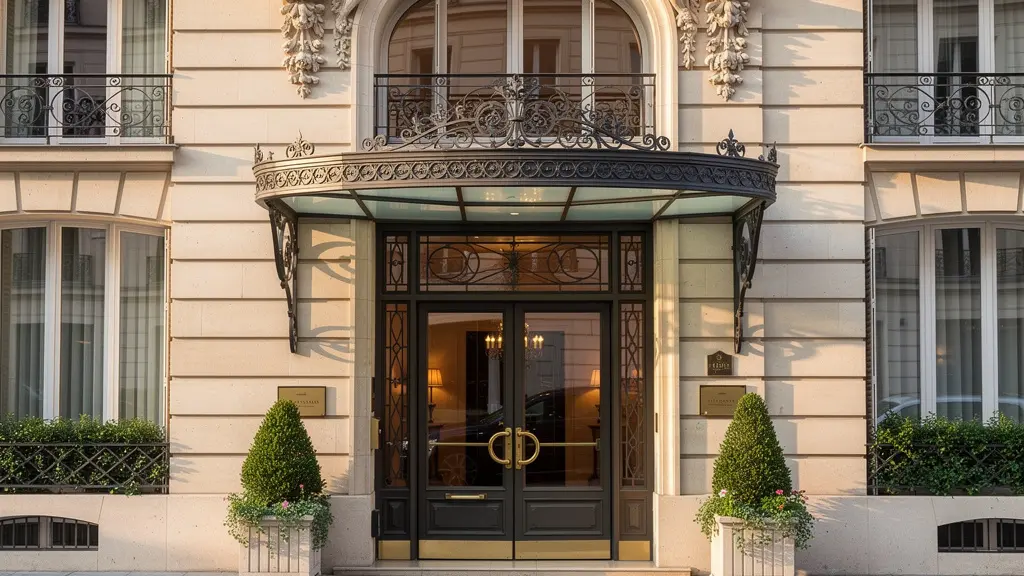 Façade élégante d'un hôtel parisien classique avec entrée traditionnelle