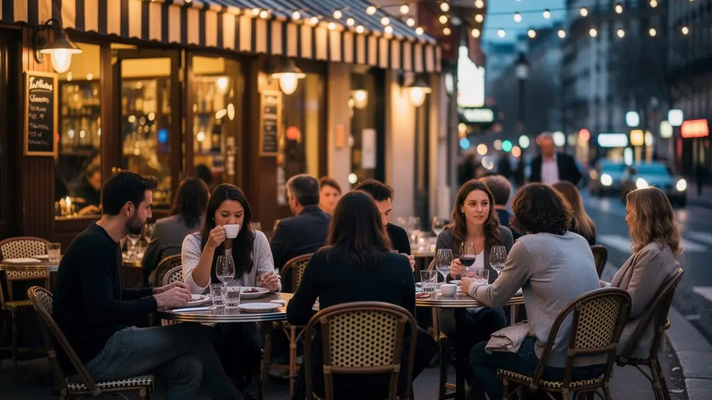 Terrasse de restaurant parisien animée avec convives en début de soirée