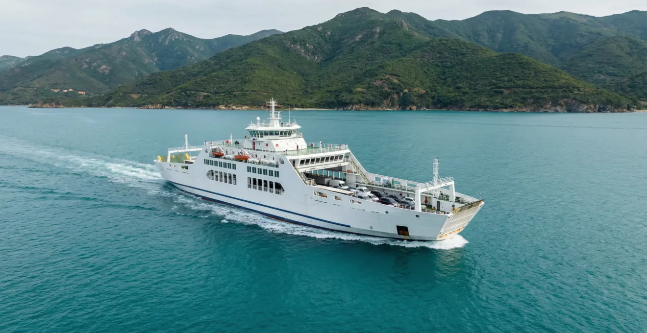 Ferry Corse naviguant sur mer Méditerranée avec montagnes en arrière-plan