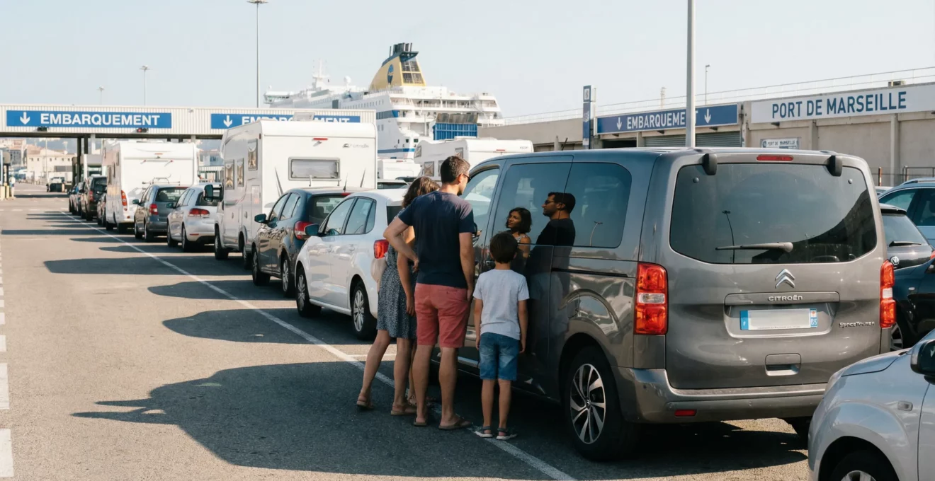 Famille française attendant près de leur véhicule sur parking embarquement ferry Corse
