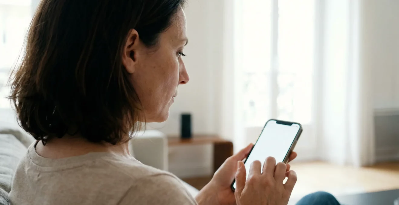Femme consultant réservation ferry sur smartphone dans salon moderne