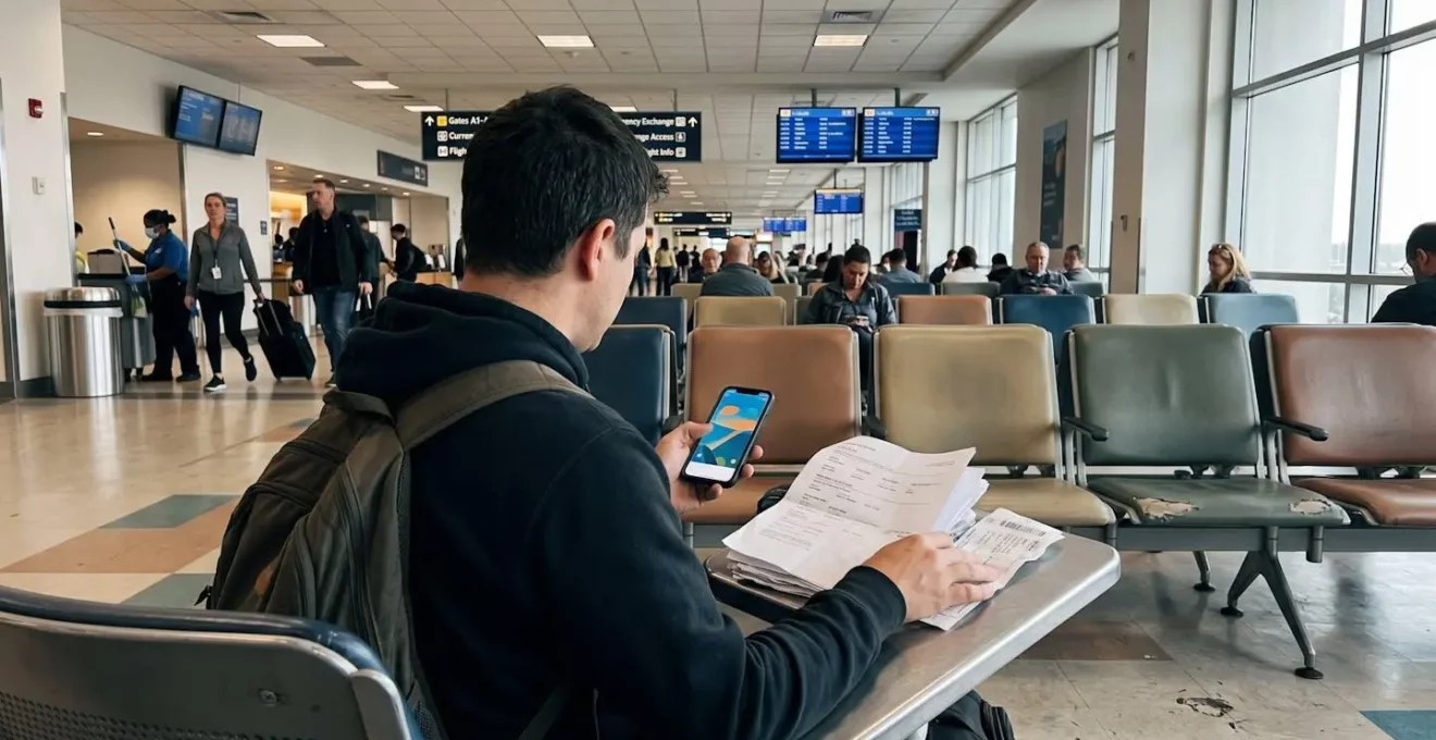 Un voyageur consulte des documents d'assurance et son smartphone dans le hall lumineux d'un aéroport international moderne