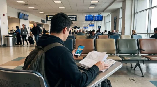 Un voyageur consulte des documents d'assurance et son smartphone dans le hall lumineux d'un aéroport international moderne