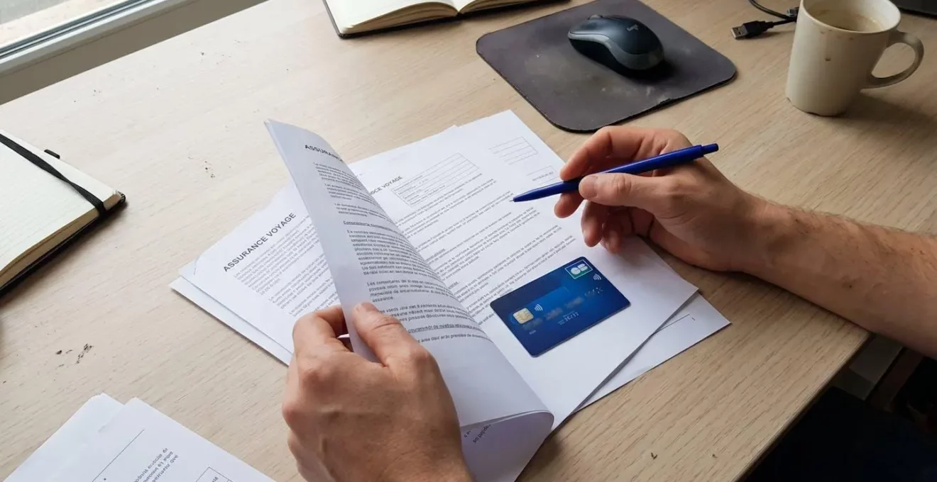 Un voyageur consulte attentivement des documents d'assurance et sa carte bancaire posés sur une table de café lumineux