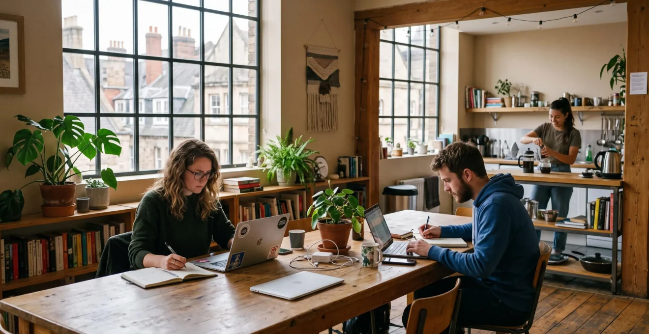 Des travailleurs nomades partagent une table commune dans un espace de coliving avec cuisine ouverte et grande fenêtre donnant sur la ville.