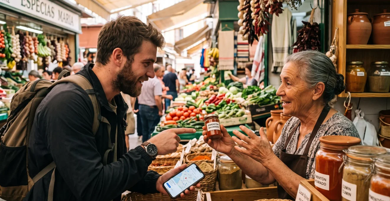 Un voyageur et un marchand échangent sur une épice dans un marché couvert, un smartphone posé sur l'étal de produits frais.