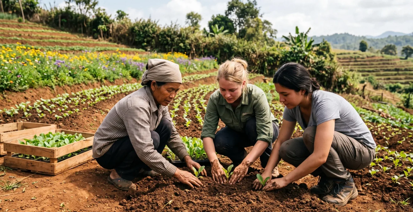 Deux voyageurs plantent des jeunes plants avec un agriculteur local dans une ferme biologique entourée de haies naturelles.